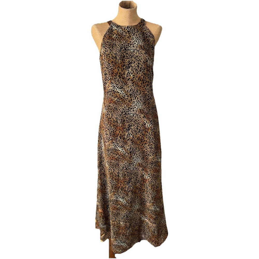 VTG 80s 90s Leopard Cheetah Animal Print Maxi Dress Flowy Criss Cross Back Sz 10